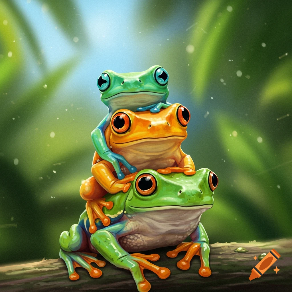 Three brightly colored cartoon tree frogs stacked on a branch in a lush green forest.