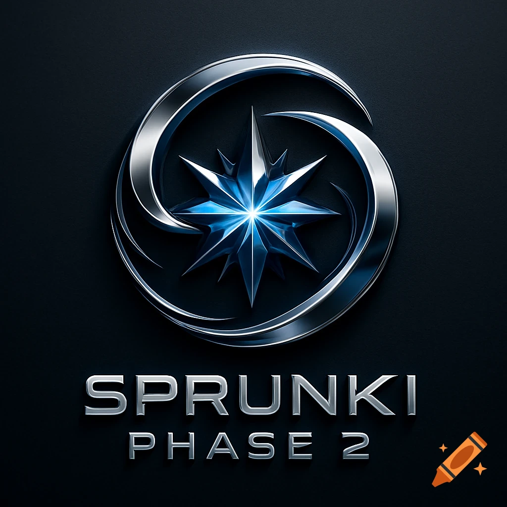 A metallic silver and blue logo featuring a star and a curved band, with 'SPRUNKI PHASE 2' text below, on a dark background.
