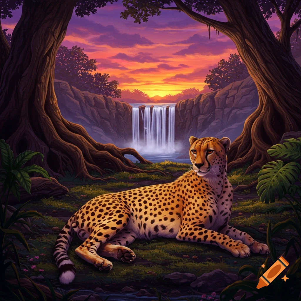A cheetah lies on grassy ground in a lush jungle with a waterfall, large trees, and a vibrant orange and purple sunset sky.