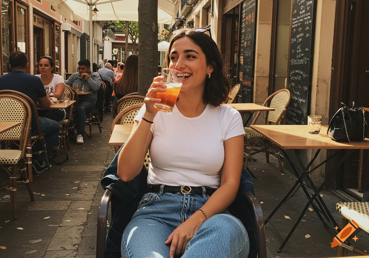 A young woman in a white tee and jeans smiles while sipping a drink at a sunny outdoor cafe.