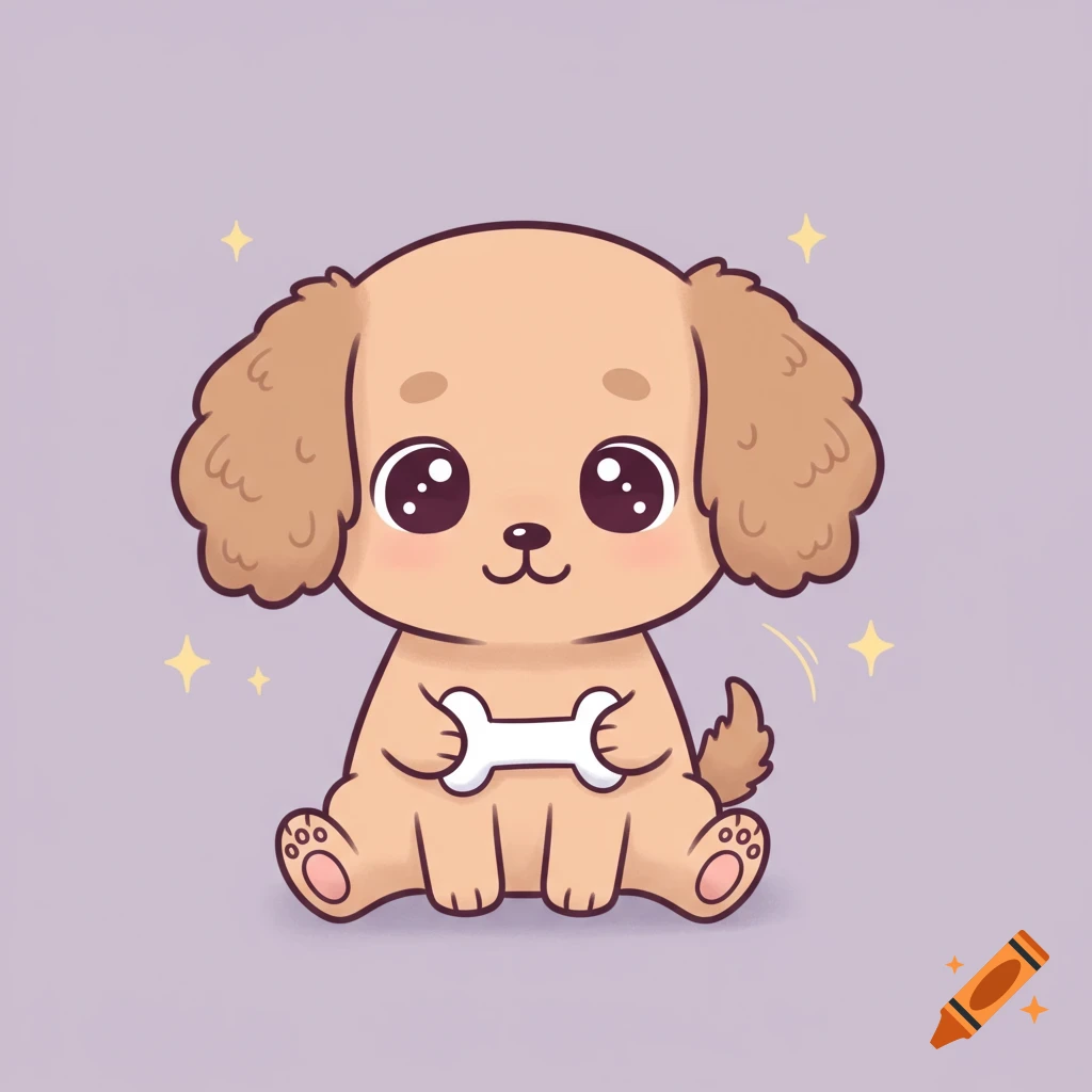 A cute, simple cartoon illustration of a tan puppy with big eyes sitting and holding a white bone on a light purple background.