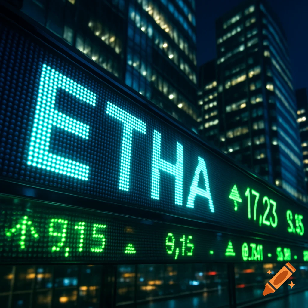 Photorealistic LED stock ticker displaying 'ETHA' and financial data, with blurred city buildings at night.