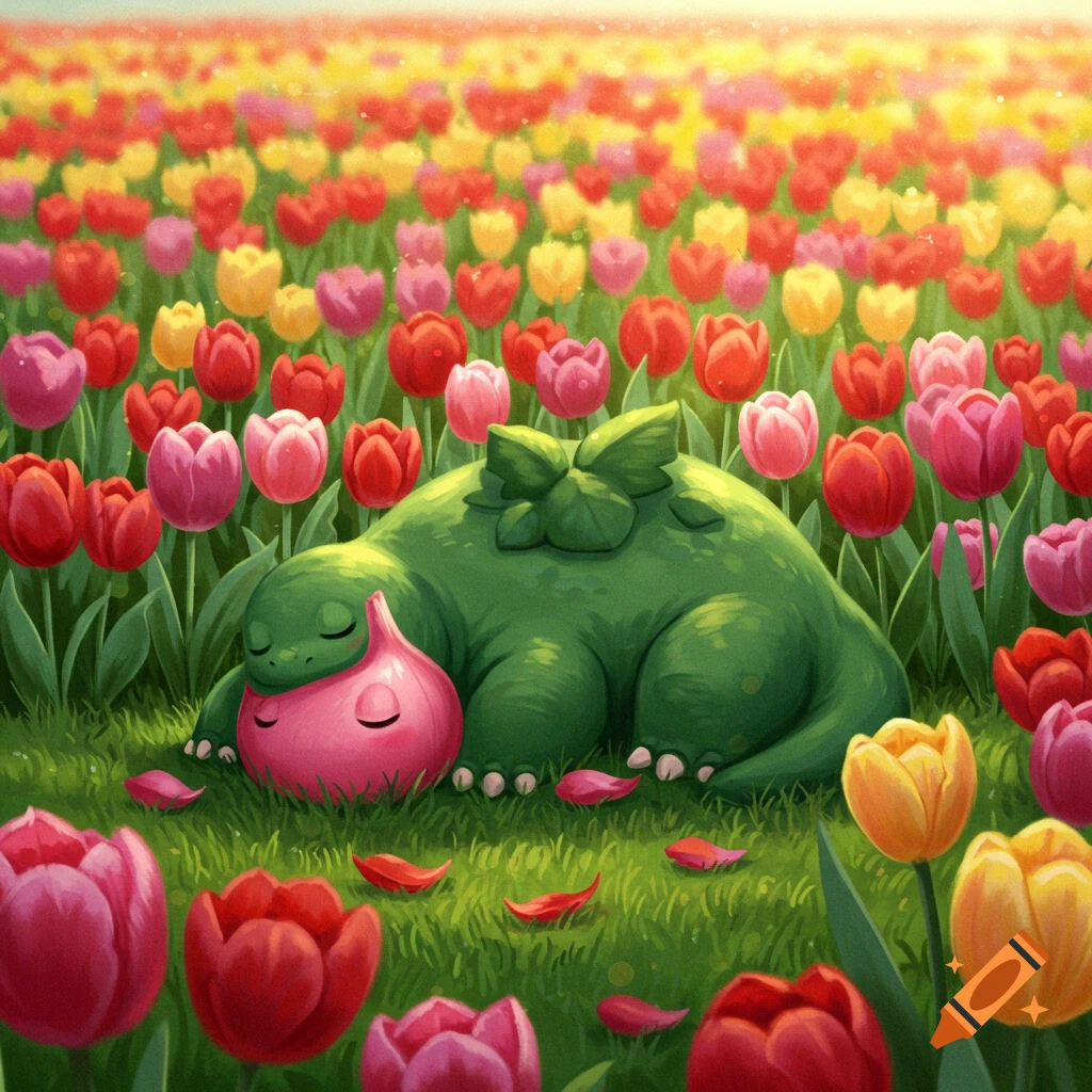 A cute green Ivysaur-like creature with a pink bulb sleeps peacefully in a vibrant field of red, pink, and yellow tulips.