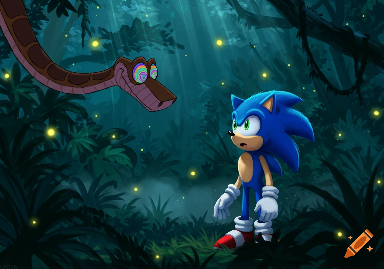 Kaa the snake with spiral eyes hypnotizes a surprised Sonic the Hedgehog in a dark, glowing jungle, cartoon style.