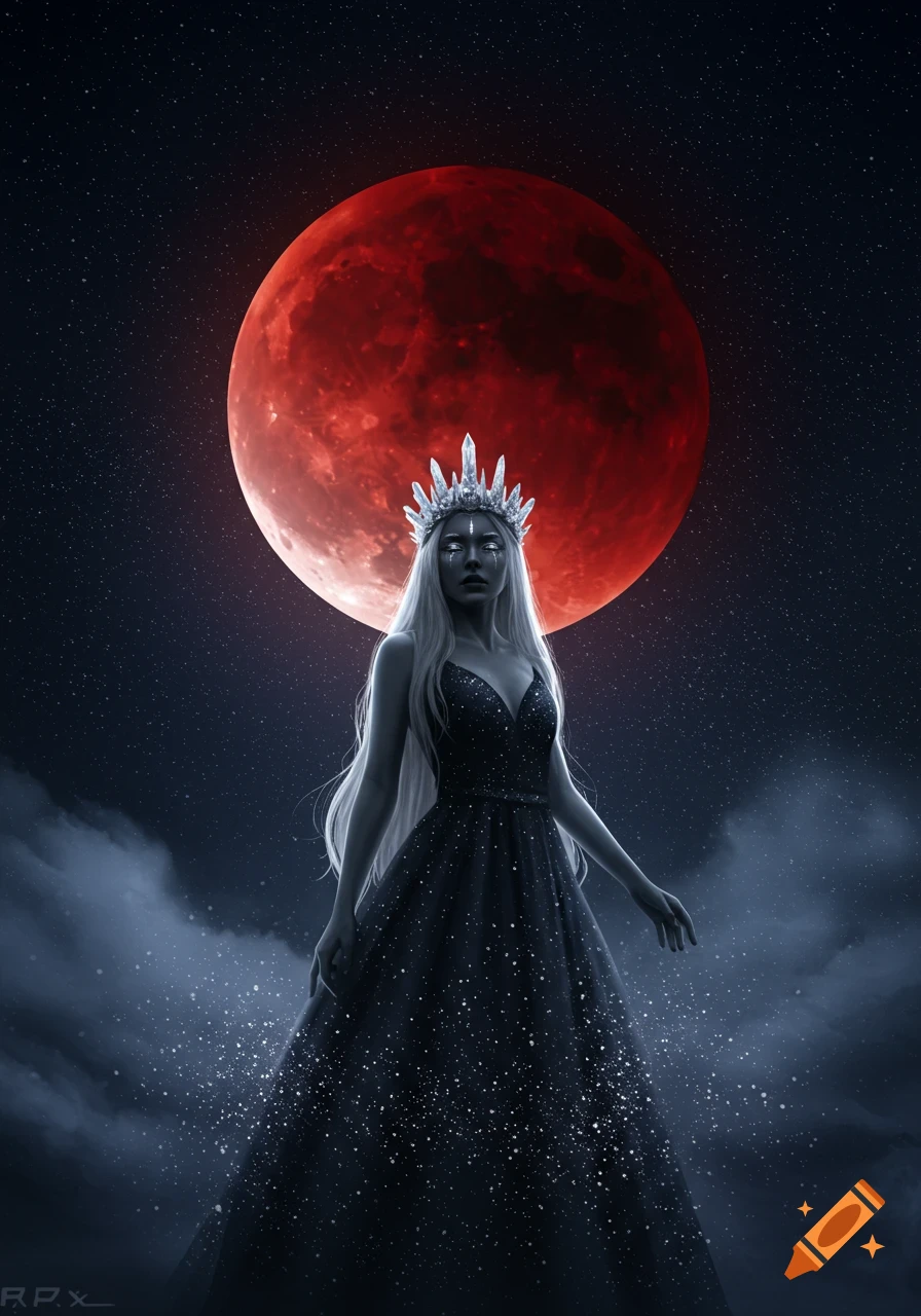 A pale queen with a crystal crown and long white hair stands in a sparkling dark gown under a large red blood moon and starry sky. Fantasy art.