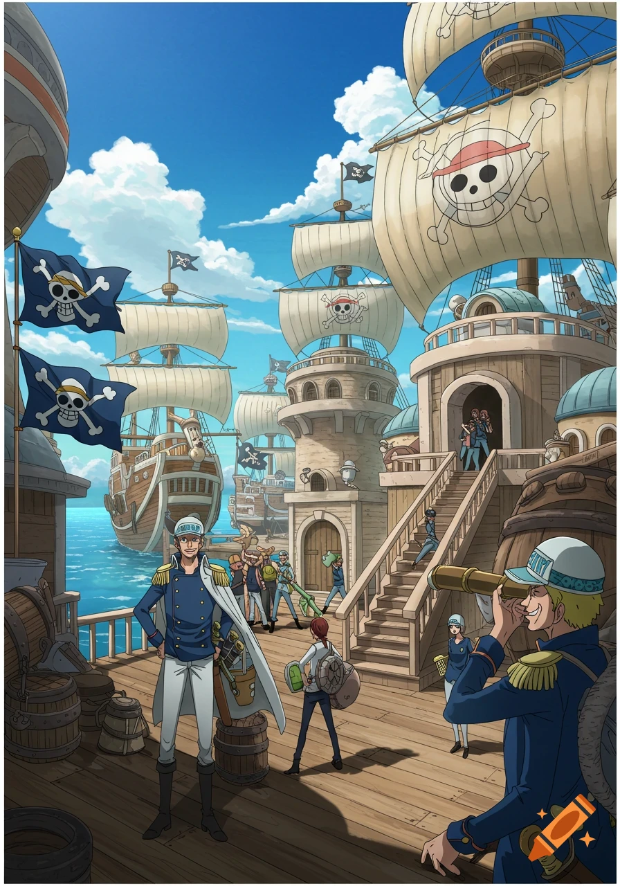 An anime-style marine base with multiple ships docked. Several characters in blue uniforms are on the wooden pier, one looking through a telescope.