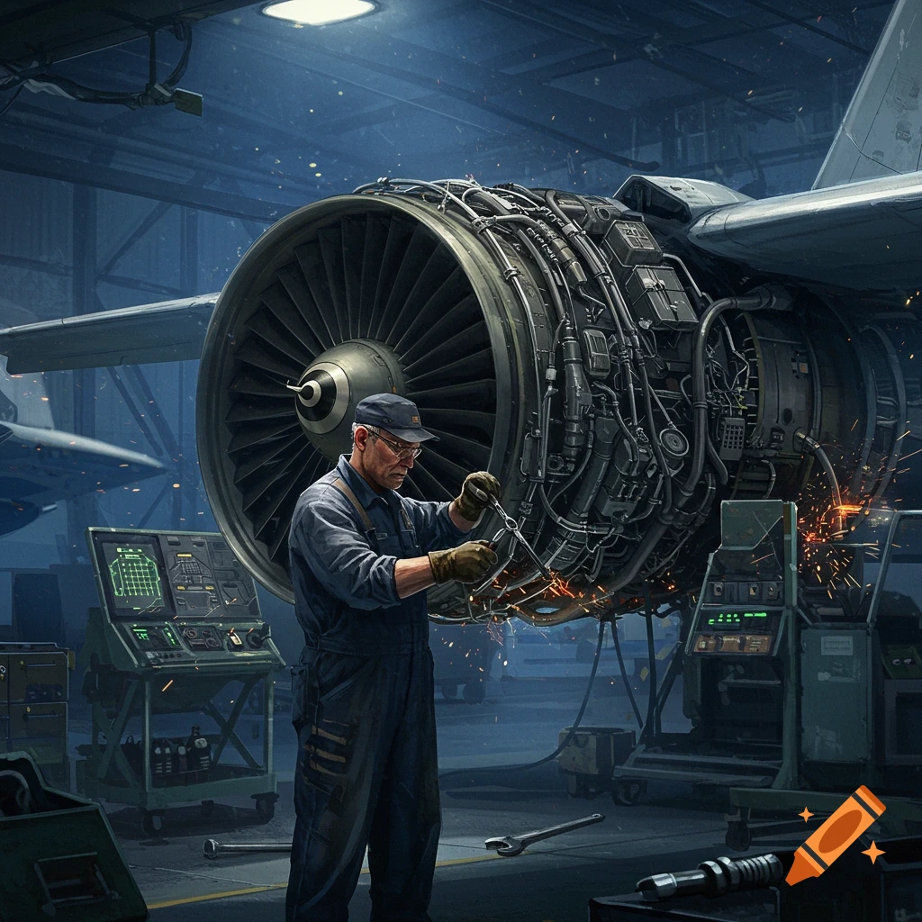 A male mechanic in a blue jumpsuit and cap works on a large jet engine in a dimly lit hangar, sparks flying from his tools.