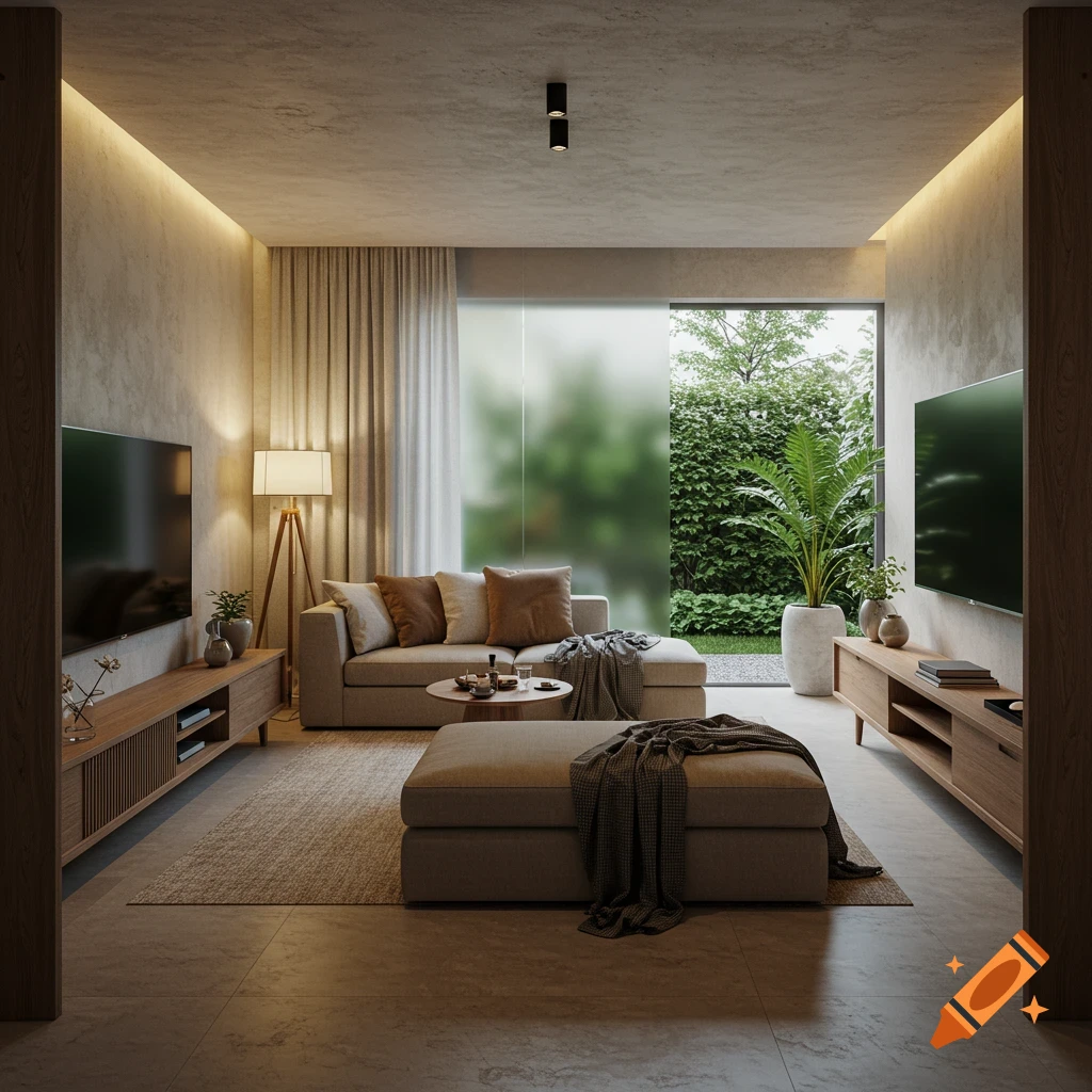 Photorealistic image of a modern, comfortable living room with earth-tone furniture, wooden consoles, a large plant, and a view of a lush garden.