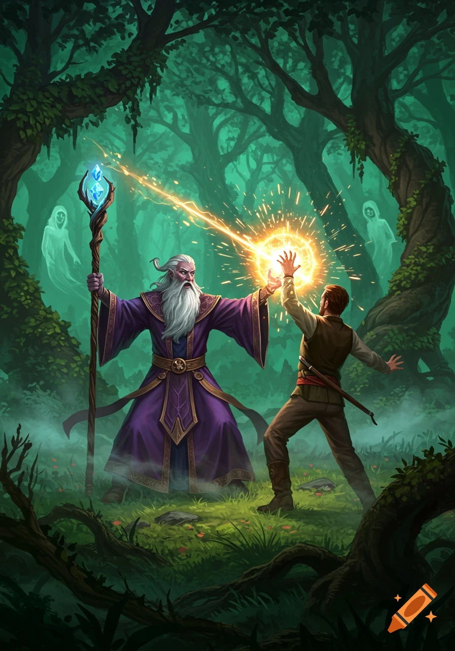 A wizard in a purple robe casts a bright orange spell at a man in a dark, misty fantasy forest, with ghostly figures.