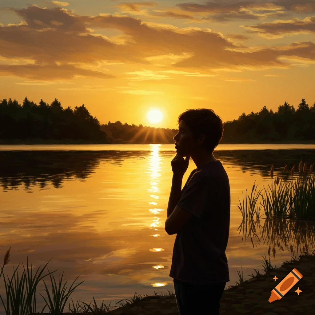 A person's silhouette stands by a lake at sunset, with golden light reflecting on the water and trees in the background.