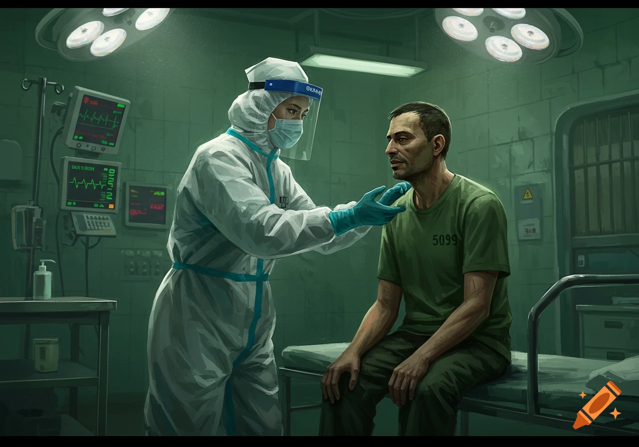 An illustration of a nurse in full PPE examining an inmate wearing a green t-shirt with the number 5099, in what appears to be a medical room within a prison.