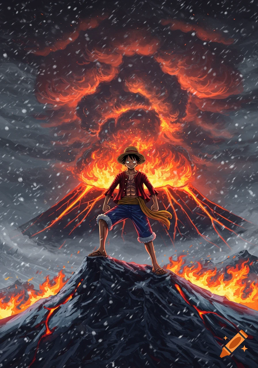 Anime illustration of Luffy confidently standing atop a snow-dusted volcano with glowing lava and a fiery eruption, as a blizzard rages.
