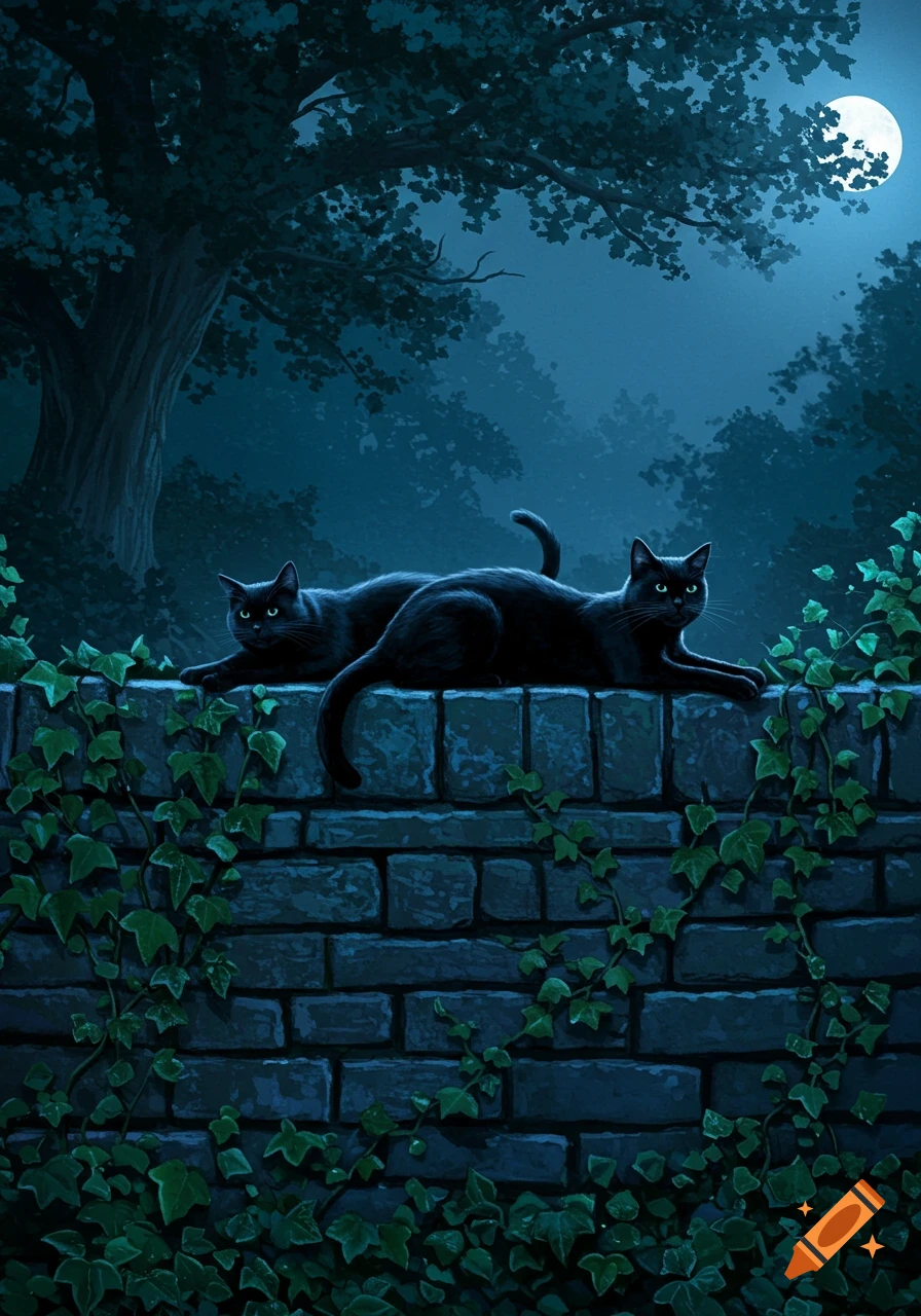 Two black cats with luminous green eyes lie on a mossy stone wall covered in ivy under a full moonlit night in a forest.