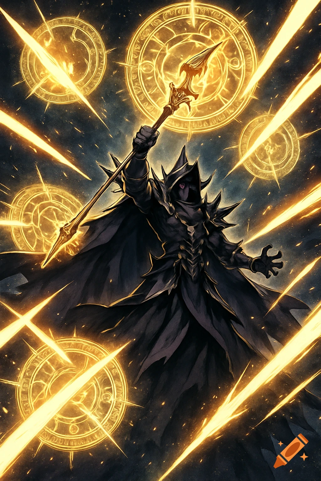 Anime-style illustration of a dark sorcerer in robes and spiked armor, wielding a golden staff amid glowing magic circles and light beams against a cosmic background.