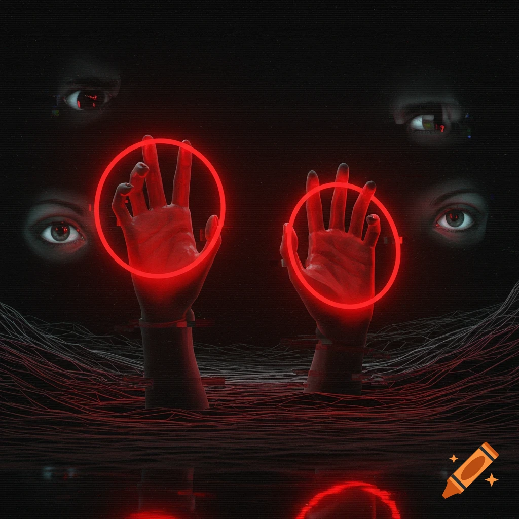 Surreal glitch art with two hands circled by red light, emerging from a dark, distorted landscape with multiple eyes watching from above.
