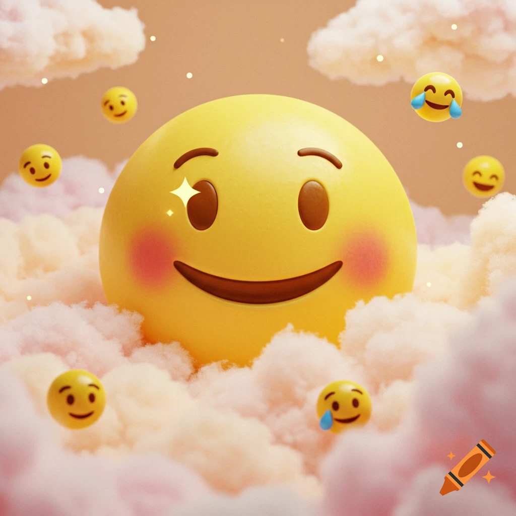 A large, smiling yellow emoji with blush and a sparkle, surrounded by smaller emojis and soft pink and white clouds.