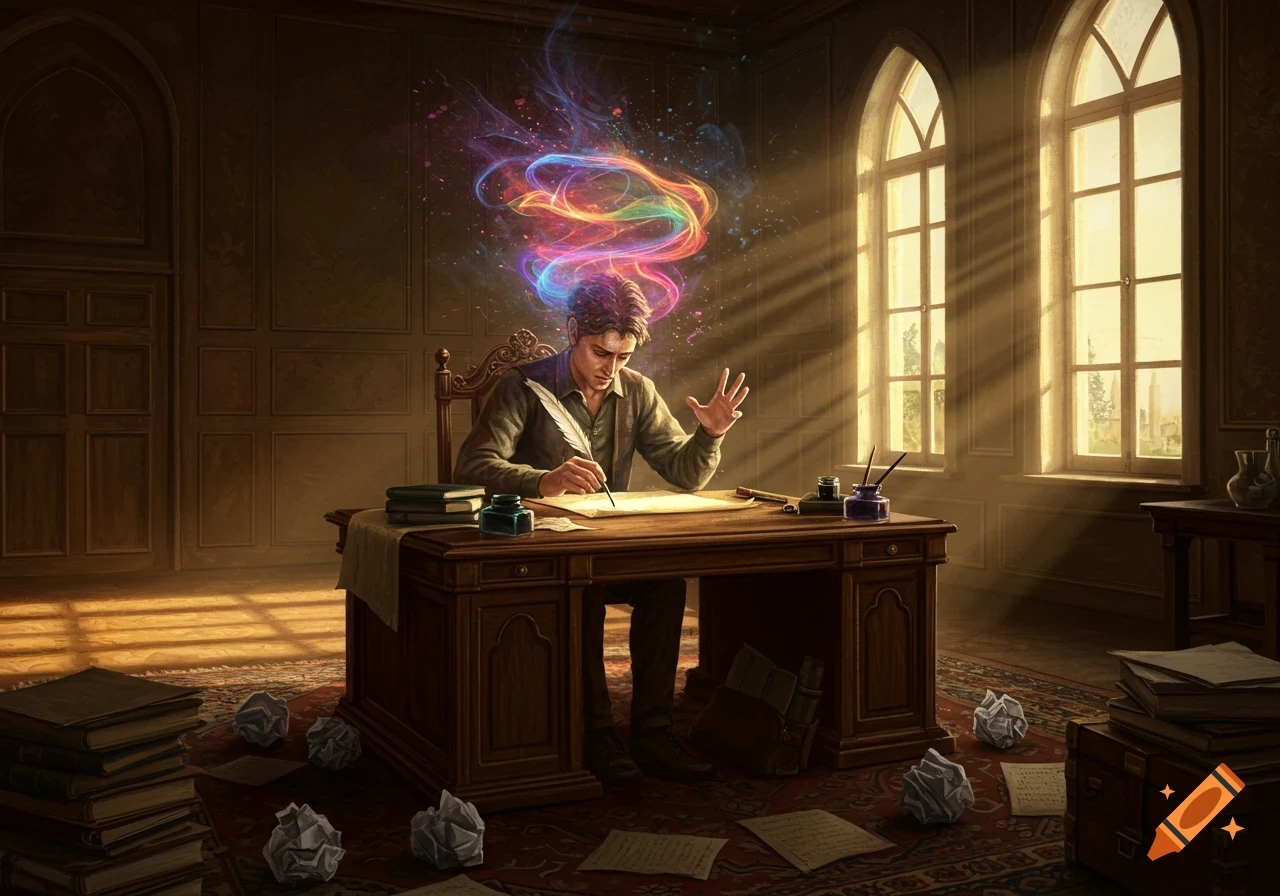 A man intensely writes with a quill at a wooden desk in a grand room, colorful magical energy swirling above his head, surrounded by crumpled papers.