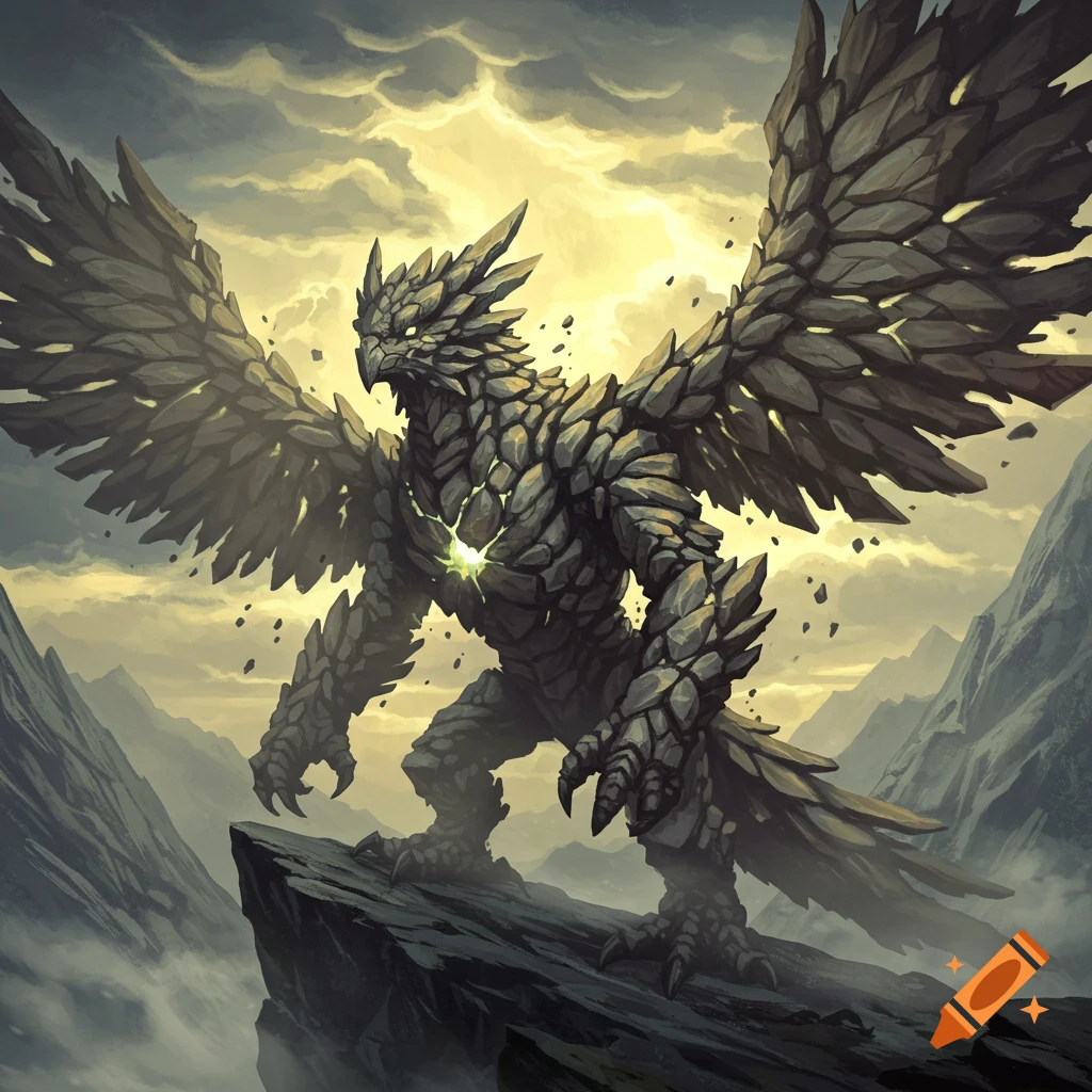 A large, winged monster made of crumbling rocks with a glowing chest, standing on a mountain cliff under a dramatic sky.