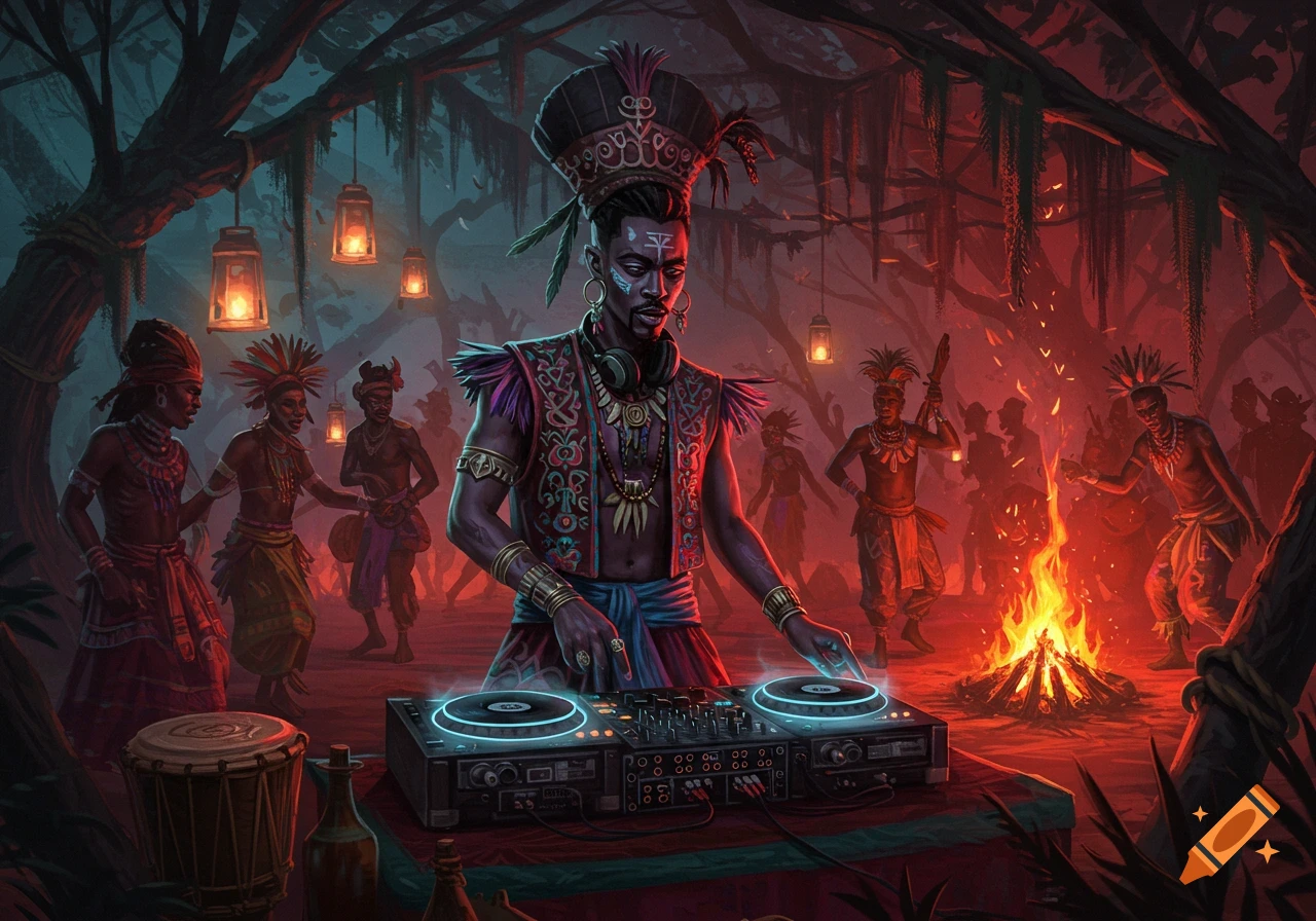 Fantasy art of a DJ in tribal attire spinning records at a glowing nighttime jungle ceremony with a bonfire and dancers.