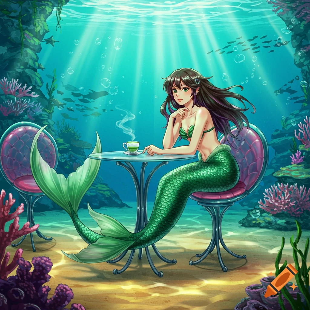 Anime mermaid with dark hair and a green tail sits at an underwater cafe table, sipping matcha, surrounded by coral.