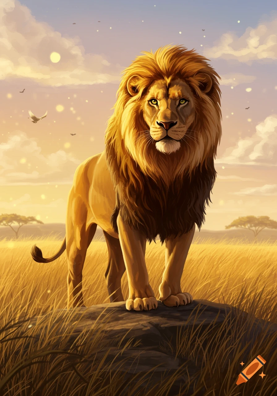 A majestic lion with a golden mane stands on a rock in a painterly savanna landscape at sunset.