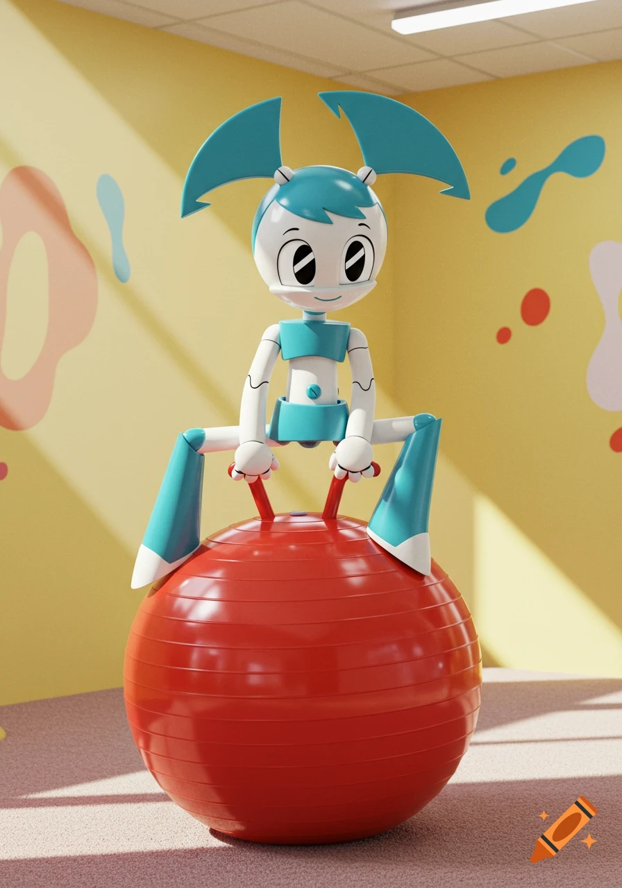 Jenny Wakeman, a white and teal robot, sits on a red exercise ball in a brightly lit room with yellow walls decorated with colorful abstract shapes.