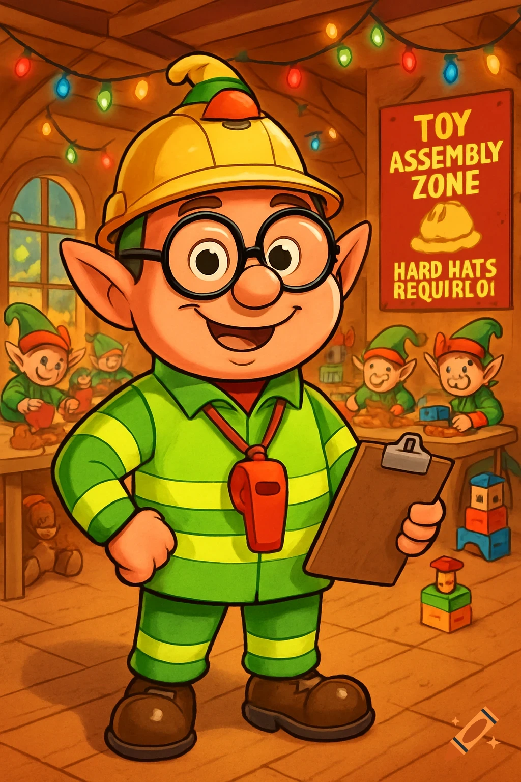 A cartoon safety elf with glasses, a hard hat, whistle, and clipboard stands in Santa's toy workshop with other elves.