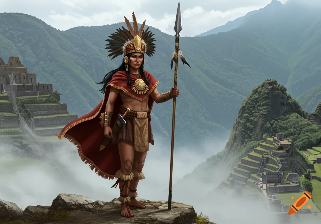 An Inca female warrior in traditional attire with a spear stands on a mountain peak overlooking ancient ruins.