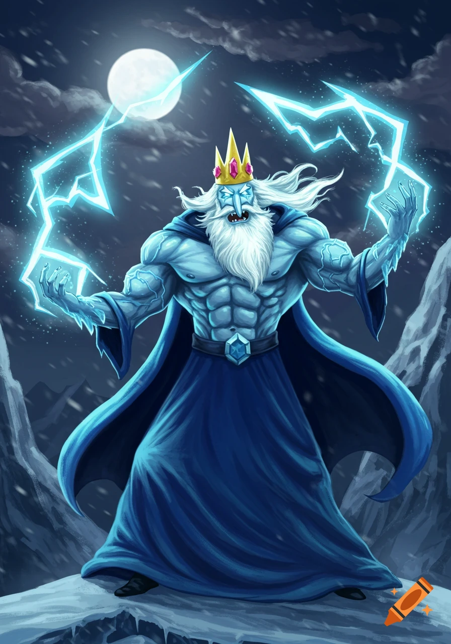 Super buff Ice King casting frozen lightning against a snowy, moonlit night sky in a cartoon style.