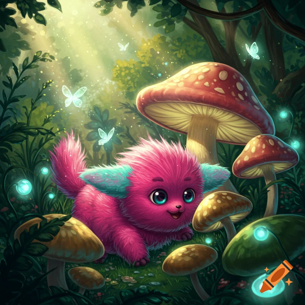 A cute, fluffy pink creature with blue ears sits in a vibrant, magical forest with large mushrooms and glowing butterflies, in an illustrated style.