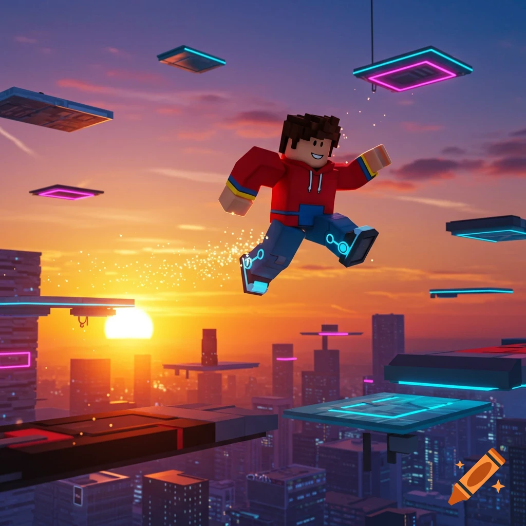 A blocky Roblox-style character jumps across futuristic neon platforms above a city skyline at sunset.