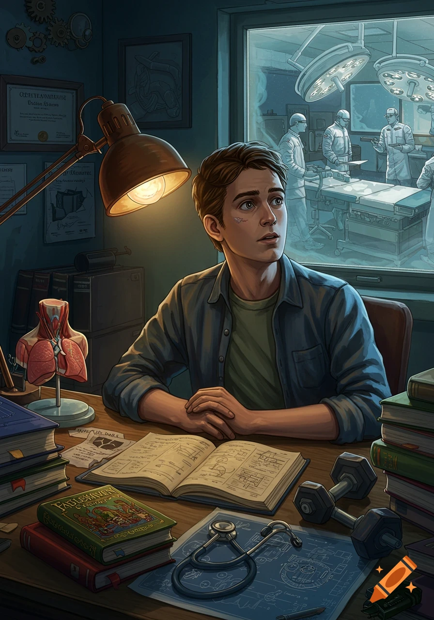A detailed illustration of a college student studying at a desk with medical supplies, books, and dumbbells, looking up thoughtfully. An operating room is visible through the window behind him.