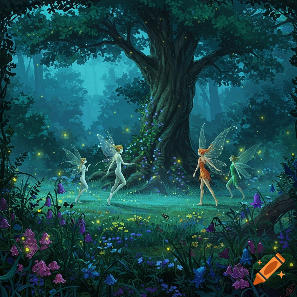 Four ethereal fairies dance in a glowing, mystical forest filled with wildflowers under a large ancient tree.