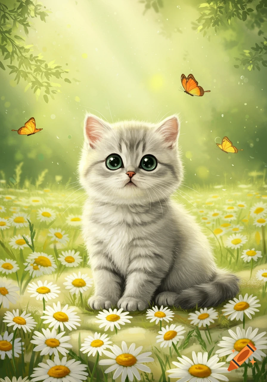 A cute fluffy grey kitten with big green eyes sits in a sunny field of white daisies with orange butterflies fluttering around.