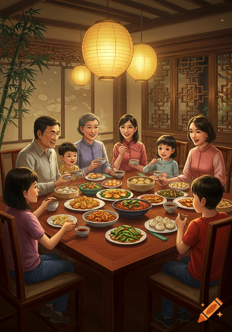 An illustrated Asian family of seven shares a meal around a wooden table in a warm, traditionally decorated room with lanterns.