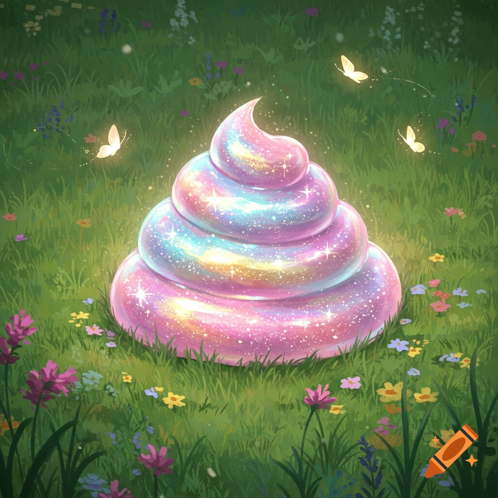 A whimsical, iridescent, sparkling unicorn poop in a vibrant green field of colorful wildflowers with glowing butterflies.