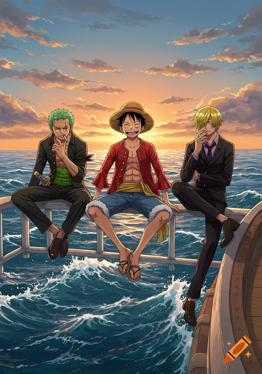 Three anime characters from One Piece, Luffy, Zoro, and Sanji, sit on a boat railing overlooking the ocean at sunset.