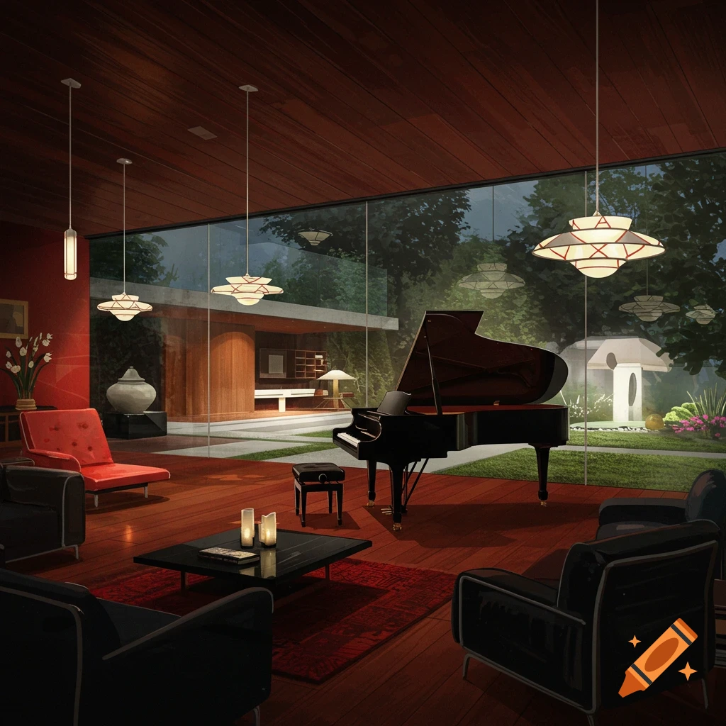 A luxurious modern living room with a grand piano, red and black furniture, and large windows overlooking a garden.