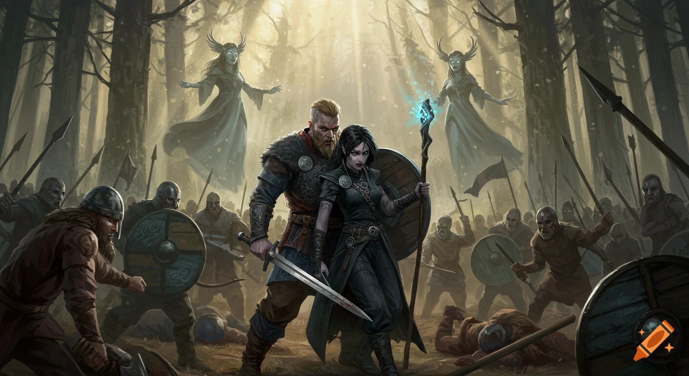 A bearded Viking warrior and a dark-haired woman fight in a forest battle watched by ghostly Valkyries. Dark fantasy art.