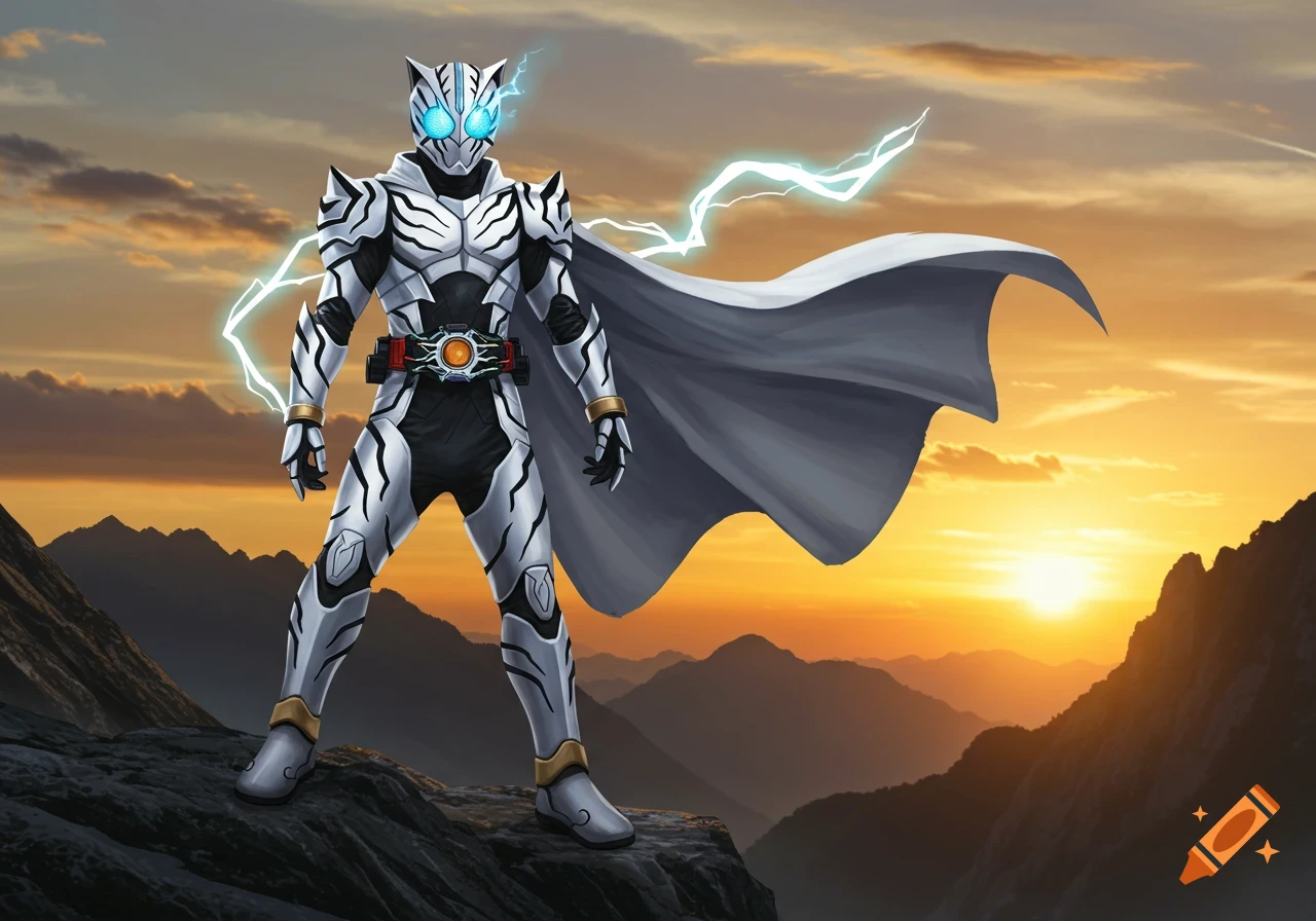 A masked superhero in white and black tiger-striped armor and a cape stands on a rocky peak with lightning, against a sunset mountain backdrop.