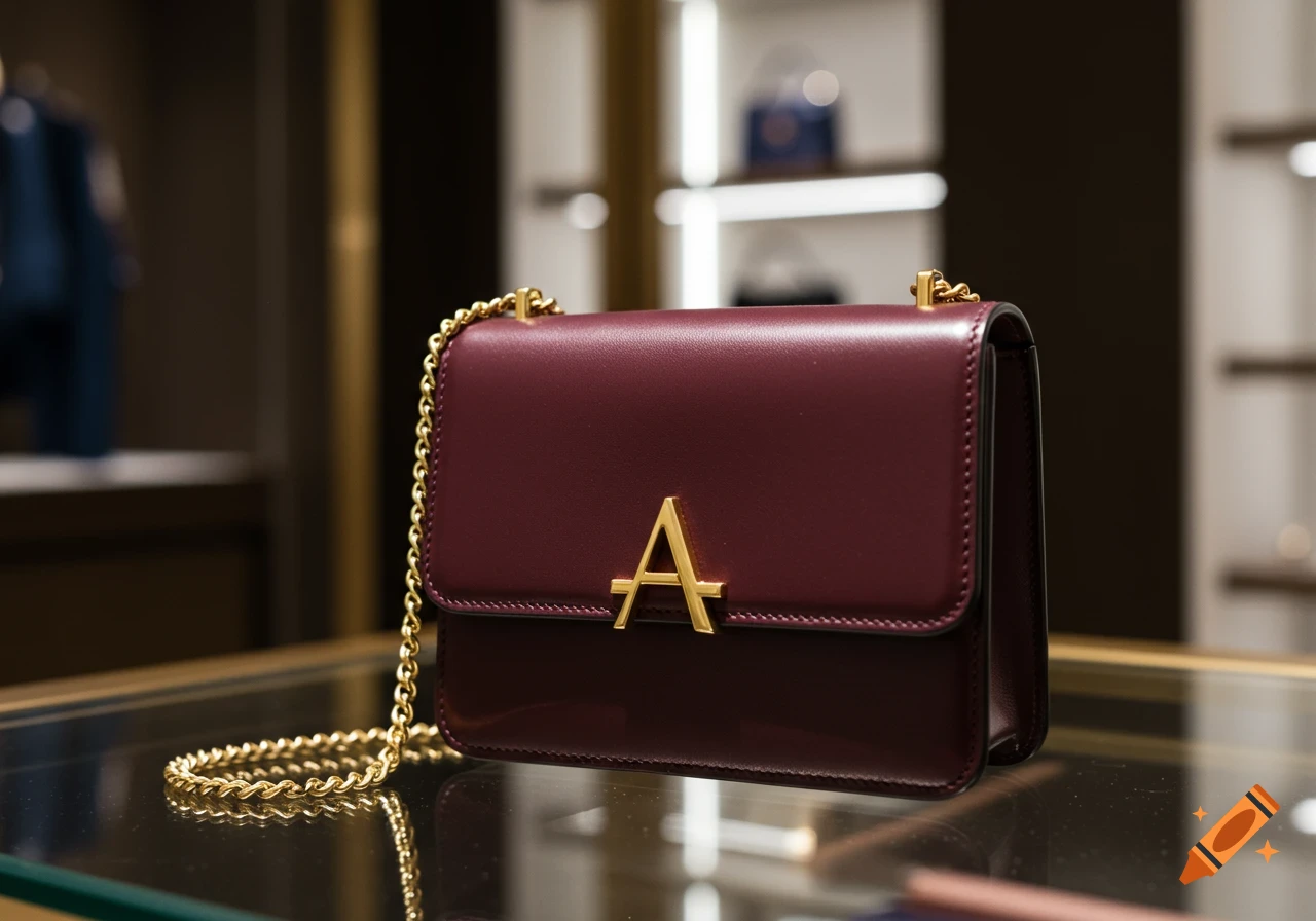 Close-up of a burgundy leather cross-body purse with a gold 'A' emblem and chain strap, displayed on a reflective surface in a boutique.