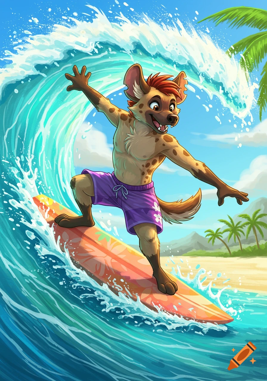 A happy cartoon hyena with red hair and spots surfs on a surfboard in a vibrant blue ocean with a beach and palm trees in the background.