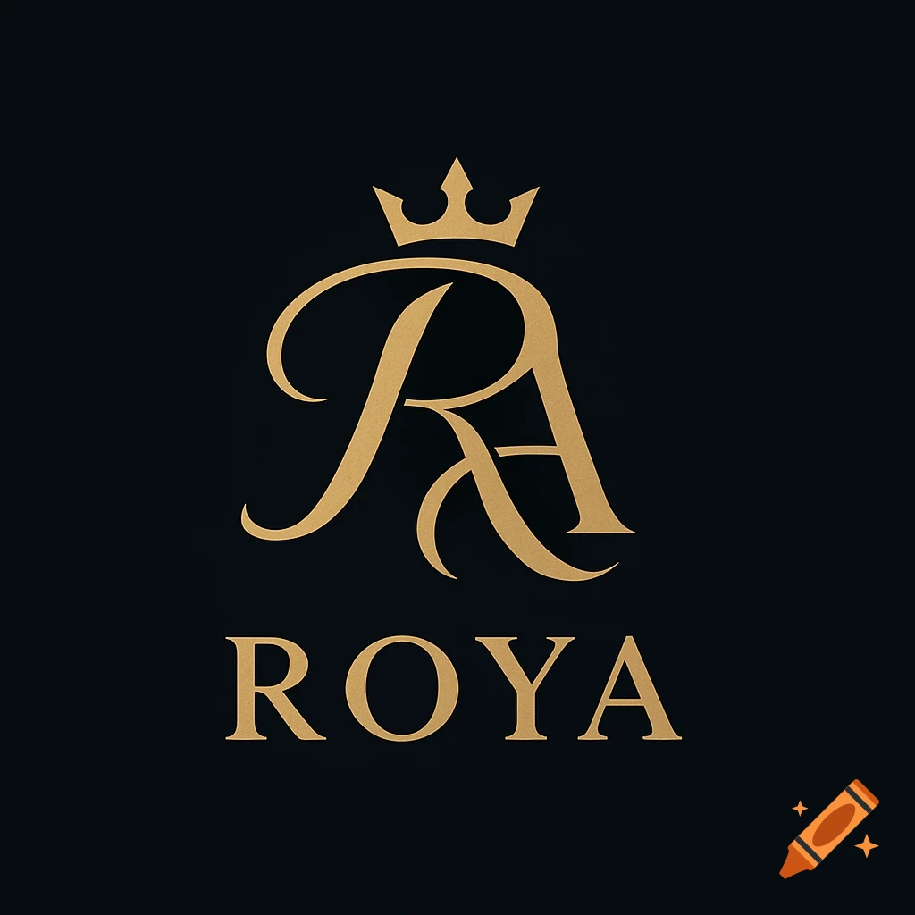 Gold monogram logo featuring intertwined R and A initials with a crown above, and the word ROYA below, on a black background.