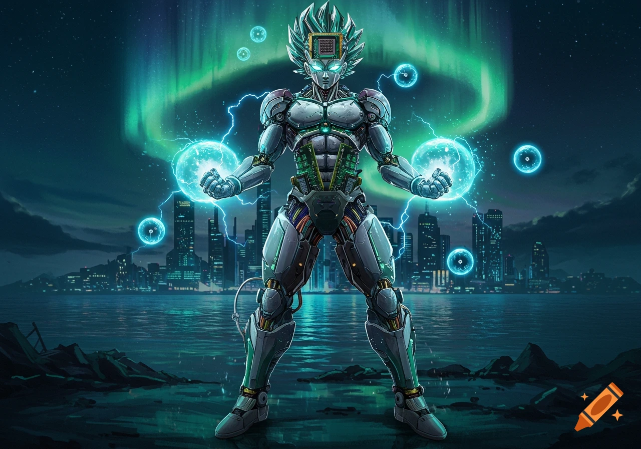 Robotic Saiyan-like character with glowing energy spheres, standing before a futuristic city skyline with an aurora borealis.