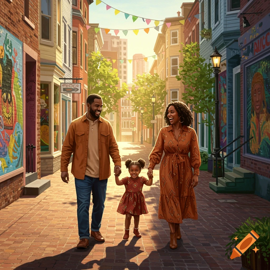 An illustrated Black family walks hand-in-hand down a vibrant, sunlit city street with colorful buildings and murals.