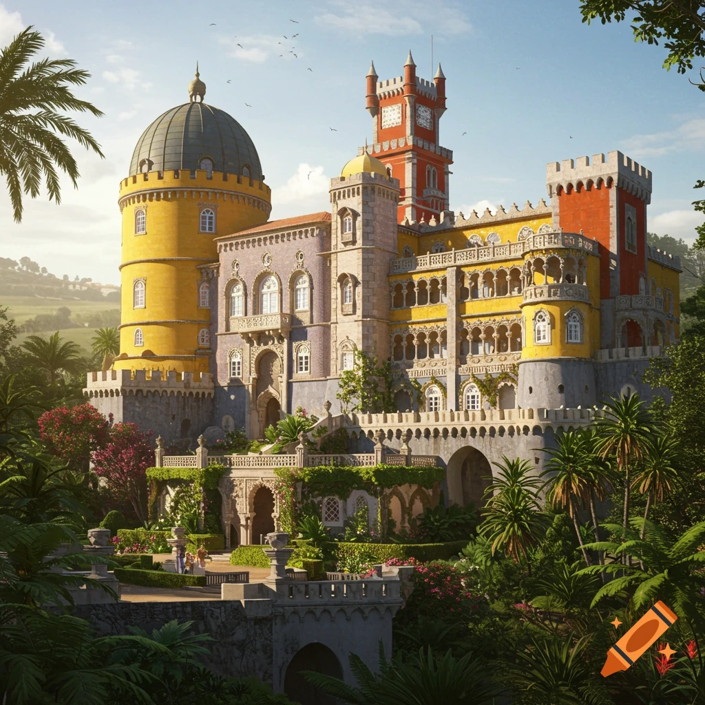 A vibrant, colorful palace with yellow, red, and blue sections, surrounded by lush green gardens, tropical trees, and a bright blue sky.