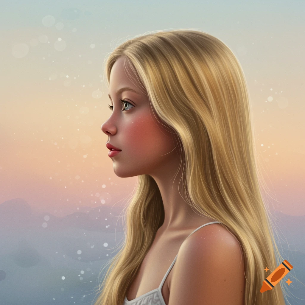 Digital painting of a young blonde girl in profile, looking left against a soft pastel sky.