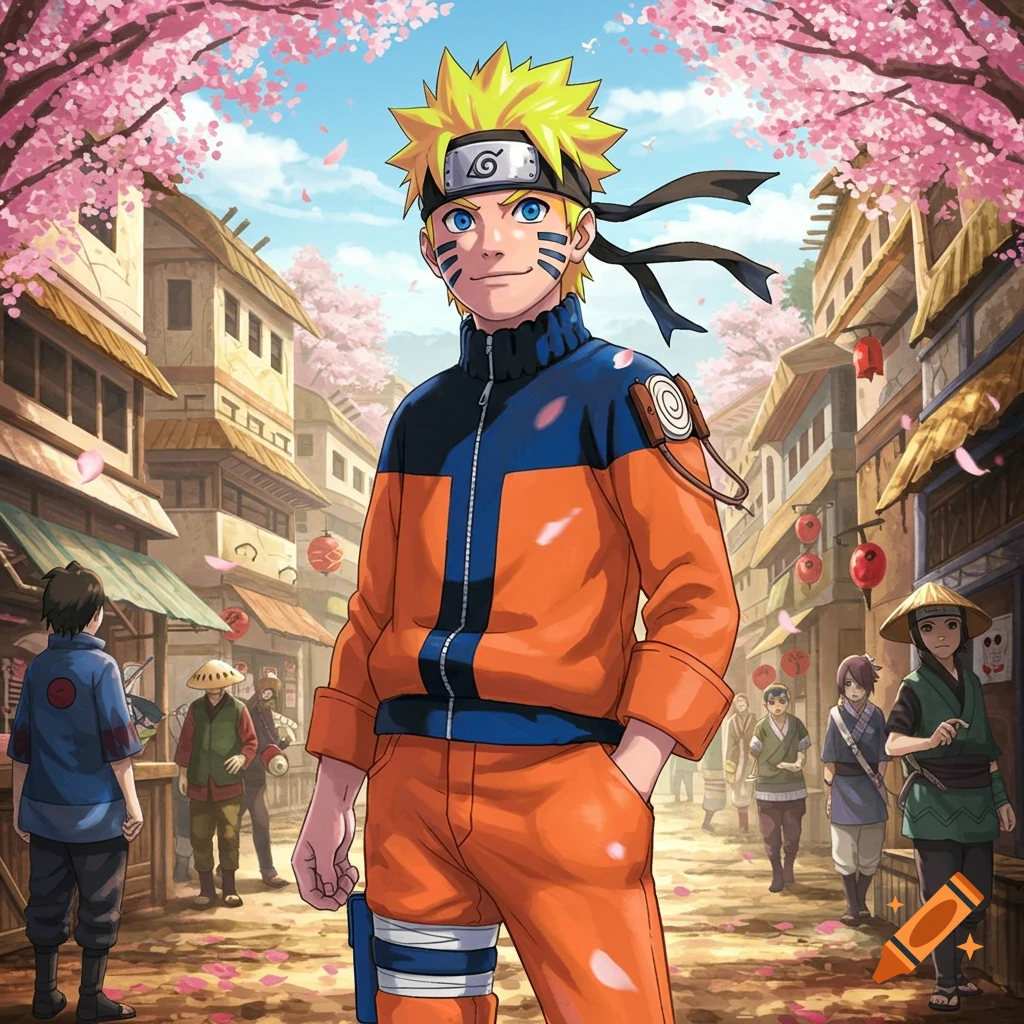 Naruto stands in a vibrant anime village street with cherry blossoms falling, other characters in the background.