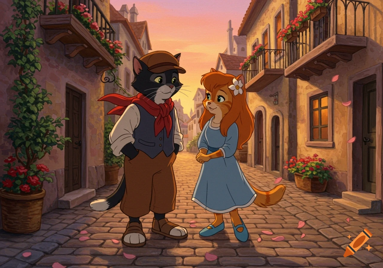 A black and white male cat and an orange female cat gaze lovingly on a petal-strewn European street at sunset, animated style.