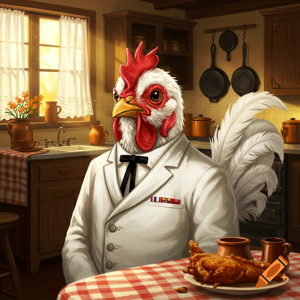 An anthropomorphic chicken in a white suit and bow tie, resembling Colonel Sanders, sits at a kitchen table with a plate of fried chicken.